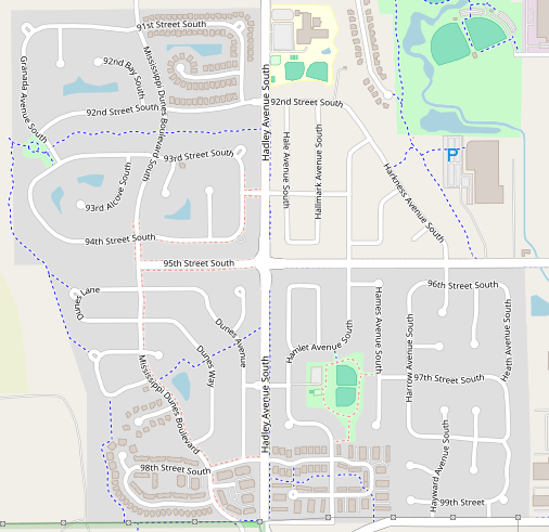 Screenshot of a map. Roads are present, but there are not many houses on the map